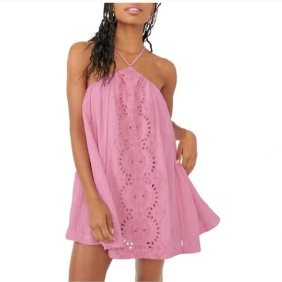Free People Paloma Mini Dress Pink Speak Size L Eyelet Pockets Crinkle NEW $248